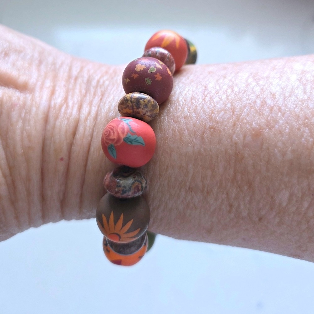 Viva Beads Handcrafted Clay Stone Stretch Bracelet Floral‎ Millefiori Boho Multi
